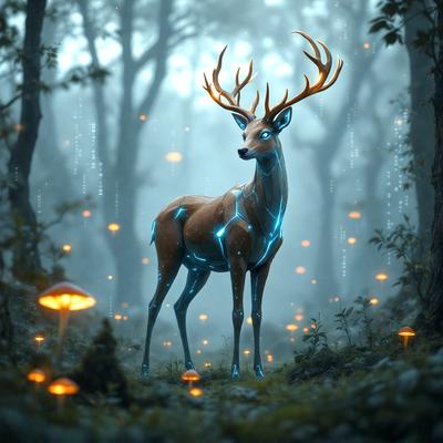 Primary subject: A deer with blue antlers and a blue body, standing in a forest.

Setting/background: The deer is standing in a forest with trees and a foggy atmosphere.

Visual style: The image is a digital art or illustration of a deer in a forest.

Colors and mood: The deer has a blue body and antlers, and the forest has a foggy, moody atmosphere.